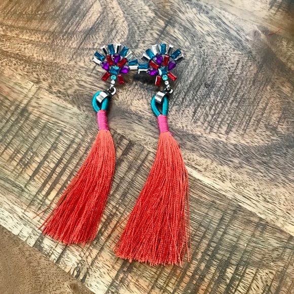Tayzani Jewelry - Bright Orange Jeweled Boho Fringe Summer Earrings